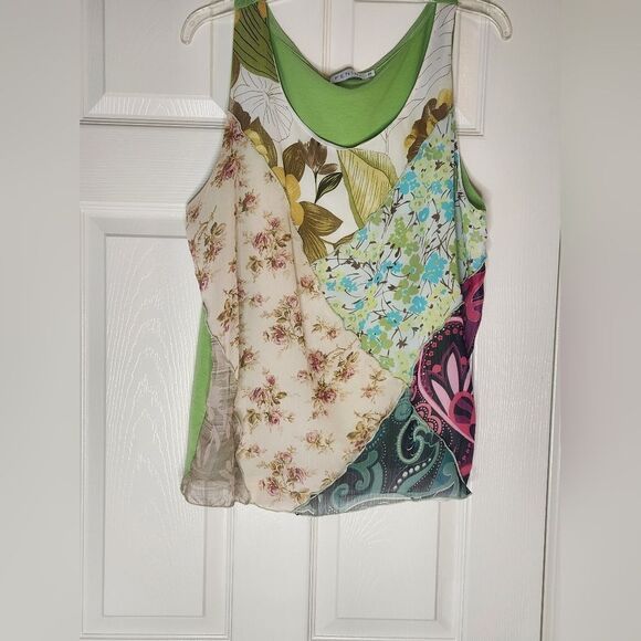 Fenini 0 Color Blocks Green Floral Print Slvless SILK Blend Women Top Blouse - Picture 2 of 9